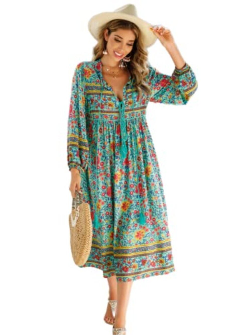 Women's Long Sleeve Floral Print Retro V Neck Tassel Bohemian Midi Dress